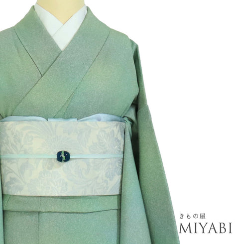 小紋 リサイクル 身丈154.8cm 裄64.4cm 袷 たたきぼかし柄 グリーン Sサイズ お洒落 正絹 広衿 Sランク