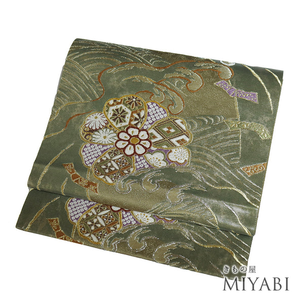 袋帯 帯丈436cm 六通 グリーン Mサイズ 正絹 Sランク フォーマル