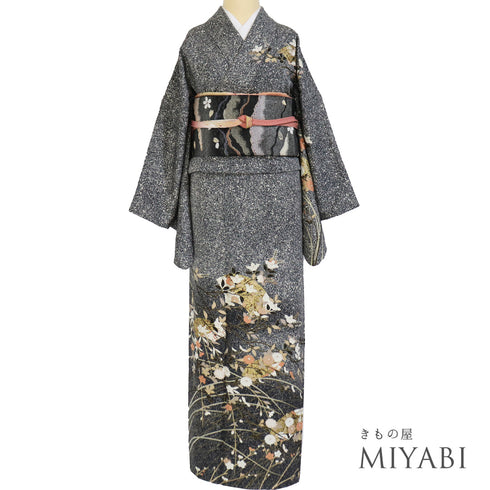 訪問着 リサイクル 身丈157cm 裄69.4cm 袷 たたき総柄地 箔 花柄 ブラック Mサイズ セミフォーマル 正絹 広衿 Sランク