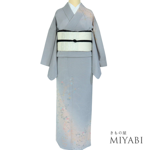 訪問着 リサイクル 夏着物 身丈154.5cm 裄63.8cm 絽 菊や秋草柄 ぼかし グレー Sサイズ セミフォーマル お洒落 一つ紋 しつけ糸 正絹 広衿 Sランク