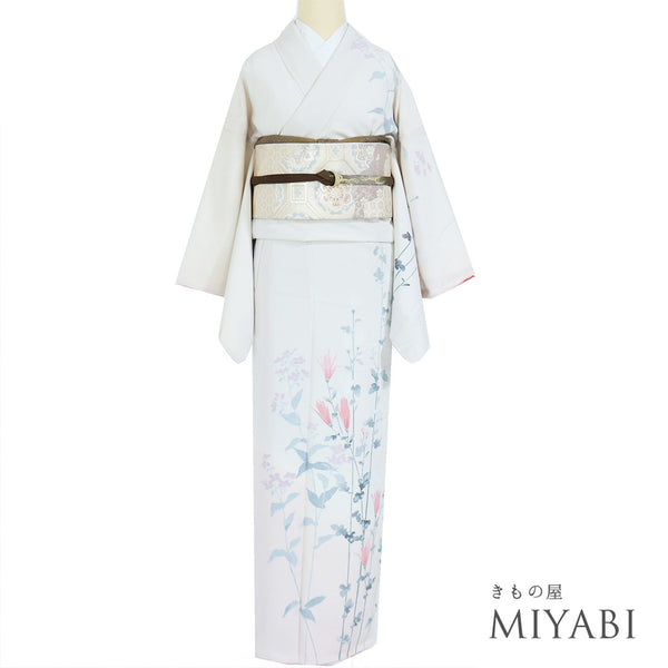 付下げ リサイクル 身丈162.7cm 裄68.2cm 袷 嵯峨菊柄 アイボリー Lサイズ お洒落 正絹 広衿 Sランク