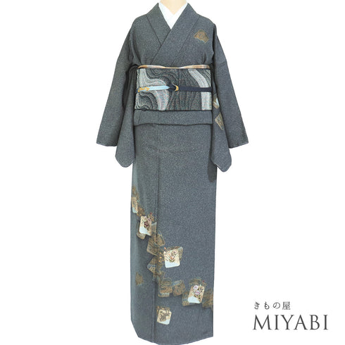 付下げ リサイクル 身丈159.5cm 裄66.4cm 袷 ゆったりサイズ 色紙模様 花柄 刺繍 箔加工 グレー Mサイズ セミフォーマル お洒落 しつけ糸 正絹 広衿 Sランク