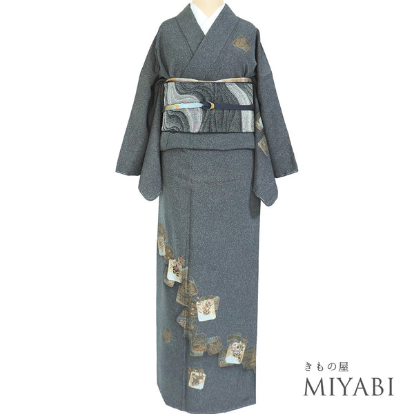 付下げ リサイクル 身丈159.5cm 裄66.4cm 袷 ゆったりサイズ 色紙模様 花柄 刺繍 箔加工 グレー Mサイズ セミフォーマル お洒落 しつけ糸 正絹 広衿 Sランク