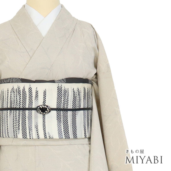 紬 リサイクル 身丈160.5cm 裄66cm 単衣 塩沢絣 ベージュ Lサイズ お洒落 カジュアル 証紙 正絹 広衿 Sランク