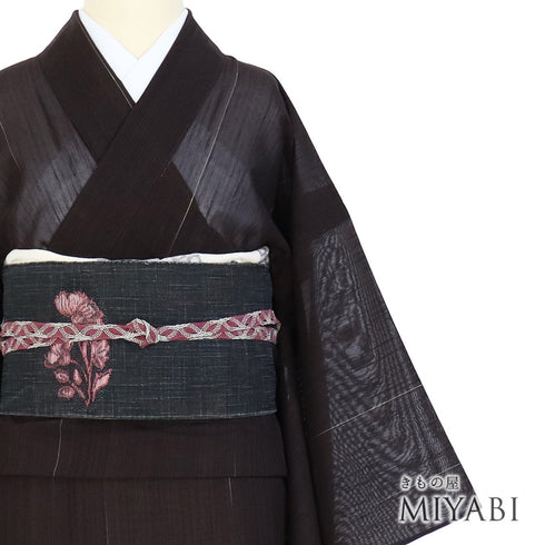 紬 リサイクル 夏着物 身丈161cm 裄66.8cm 夏物 夏物 刺繍 パールトーン加工済 縞模様 トンボ柄 ブラウン Lサイズ カジュアル お洒落 正絹 広衿 Sランク