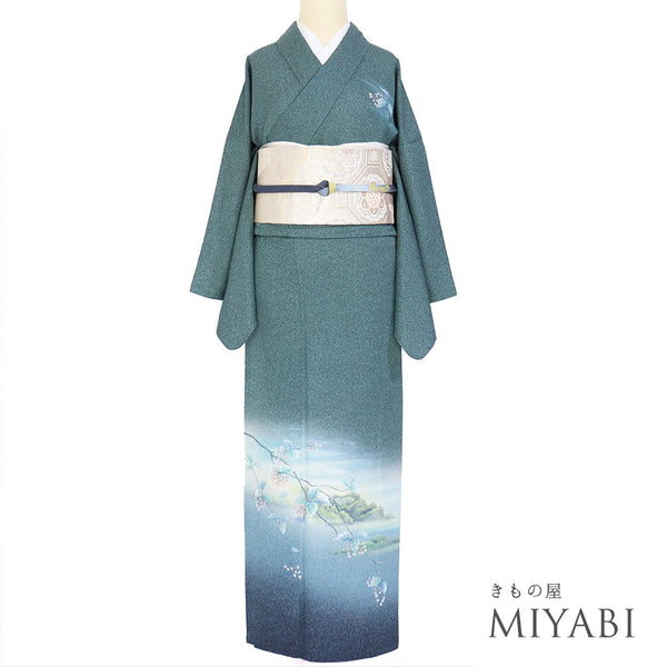 訪問着 リサイクル 身丈161.2cm 裄68.8cm 袷 風景柄 山柄 グリーン Lサイズ お洒落 セミフォーマル 正絹 広衿 Sランク