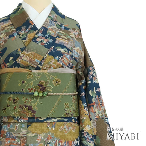 小紋 リサイクル 身丈163cm 裄64.4cm 袷 風景模様 ネイビー Lサイズ お洒落 カジュアル ポリエステル 洗える着物 広衿 Sランク