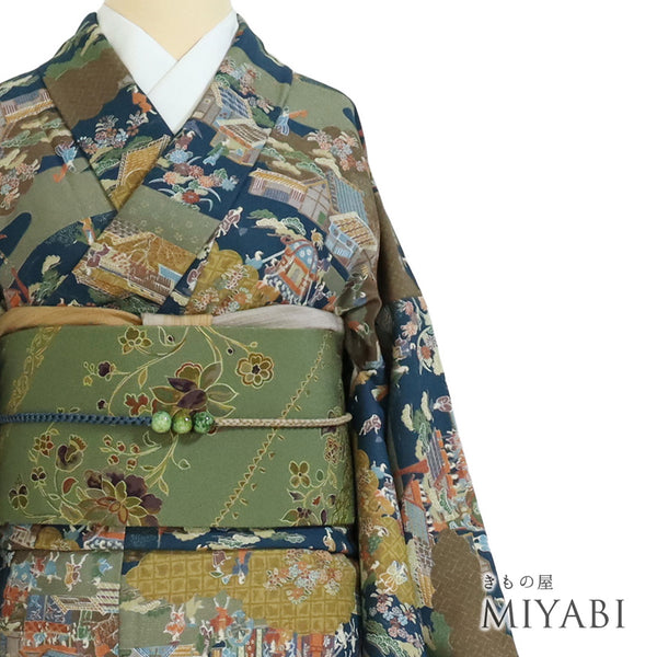 小紋 リサイクル 身丈163cm 裄64.4cm 袷 風景模様 ネイビー Lサイズ お洒落 カジュアル ポリエステル 洗える着物 広衿 Sランク