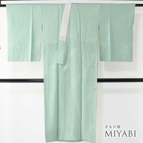 長襦袢 リサイクル 長襦袢 身丈132cm 裄67.4cm 袷 枝垂れ桜や扇子柄 地紋 グリーン Lサイズ 正絹 Aランク