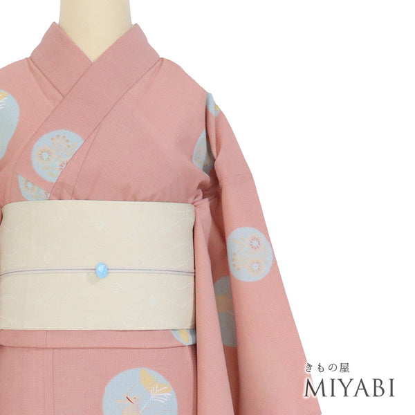 浴衣 リサイクル 夏着物 身丈166.5cm 裄67.2cm 夏物 丸に花やうさぎ柄 ピンク LLサイズ カジュアル ポリエステル 洗える着物 バチ衿 Sランク