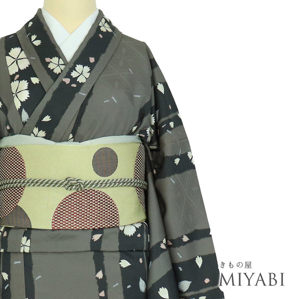 小紋 リサイクル 身丈168.5cm 裄70.2cm 単衣 桜柄 グリーン LLサイズ カジュアル ポリエステル 洗える着物 広衿 Sランク