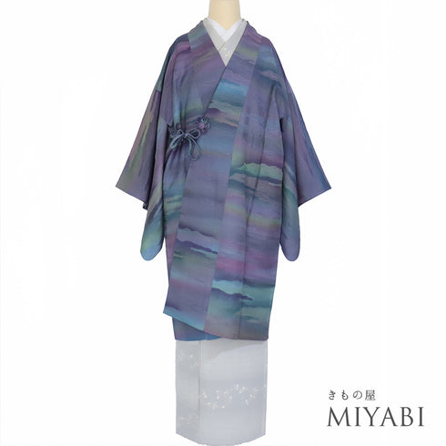 道中着 リサイクル 身丈102cm 裄65.6cm 袷 ロング丈 地紋 ぼかし柄 多色 Mサイズ お洒落 正絹 Sランク