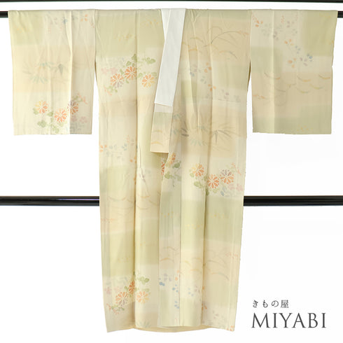 長襦袢 リサイクル 身丈123cm 裄65.2cm 袷 草花柄 箔 ぼかし グリーン Mサイズ お洒落 落款 正絹 袖無双 Sランク