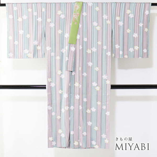 長襦袢 リサイクル 洗える長襦袢 身丈126cm 裄67.6cm 袷 縞に小花柄 地紋 刺繍半衿付き 多色 Lサイズ お洒落 ポリエステル 洗える着物 袖無双 Sランク