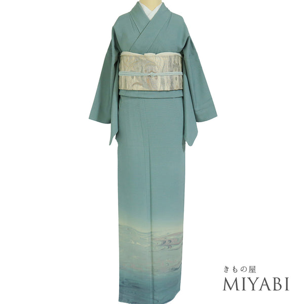 訪問着 リサイクル 夏着物 身丈157.5cm 裄64.4cm 絽 甲泰造作 流水 墨流し風 ブルー Mサイズ セミフォーマル お洒落 落款 一つ紋 正絹 広衿 Sランク
