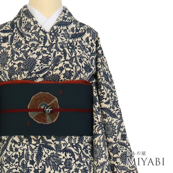 小紋 リサイクル 身丈158cm 裄64.4cm 袷 更紗柄 型染め ブルー Mサイズ お洒落 カジュアル 正絹 広衿 Sランク