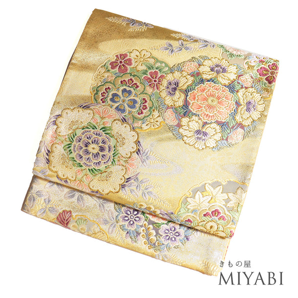 袋帯 リサイクル 帯丈444cm 六通 花丸柄 雪輪柄 ゴールド Mサイズ 正絹 Aランク フォーマル