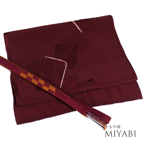 帯締め・帯揚げセット リサイクル 平組紐 ちりめん レッド 正絹 新品・未使用品 草木柄地紋 紗綾型地紋