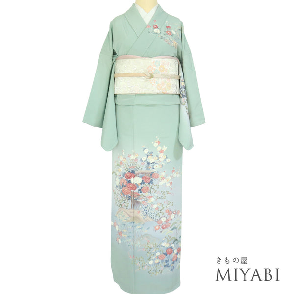 訪問着 リサイクル 身丈155.2cm 裄65.2cm 袷 松竹梅柄 グリーン Sサイズ セミフォーマル お洒落 正絹 広衿 Sランク