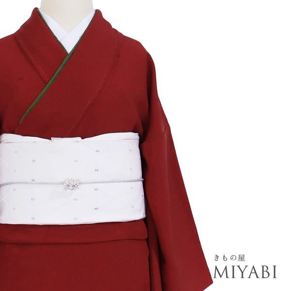 色無地 リサイクル 身丈161.5cm 裄64cm 袷 寛斎 花柄地紋 ガード加工済 比翼付き レッド Lサイズ お洒落 落款 正絹 広衿 地紋あり Sランク