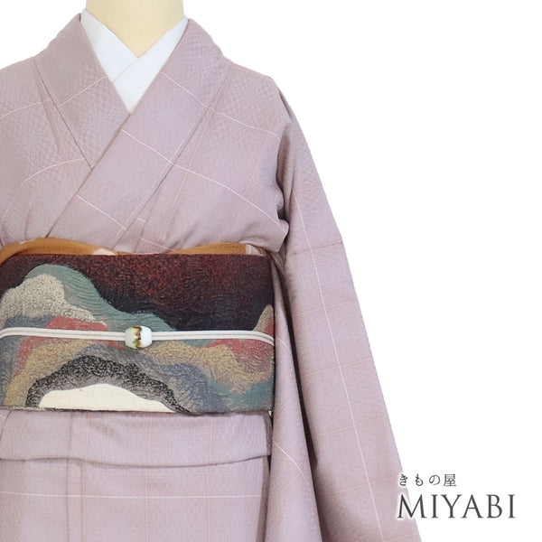 紬 リサイクル 身丈167.3cm 裄68.4cm 袷 デザイン格子柄 ピンク LLサイズ お洒落 カジュアル しつけ糸 正絹 広衿 Sランク