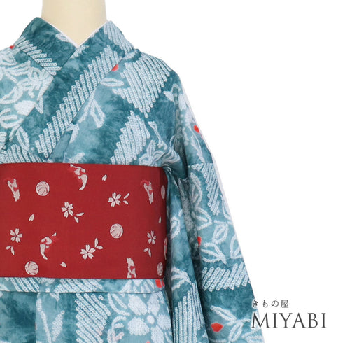 浴衣 リサイクル 夏着物 身丈157.2cm 裄65.2cm 夏物 花柄 絞り グリーン Mサイズ カジュアル 木綿 洗える着物 バチ衿 Sランク