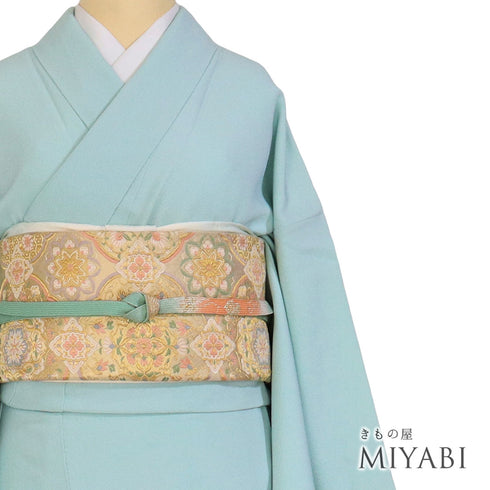 色無地 リサイクル 身丈160.3cm 裄65.2cm 袷 ブルー Mサイズ セミフォーマル お洒落 一つ紋 しつけ糸 正絹 広衿 Sランク