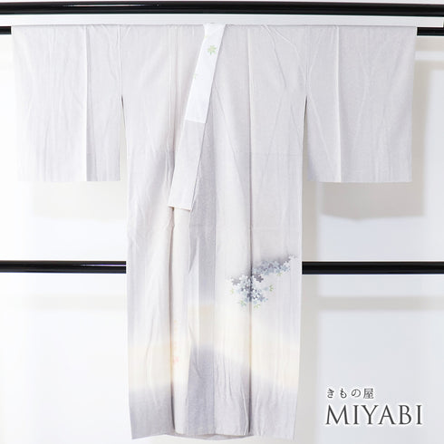 長襦袢 リサイクル 身丈124.5cm 裄65.8cm 袷 桜柄 ぼかし 絵羽柄 為書きあり グレー Mサイズ 落款 正絹 Sランク