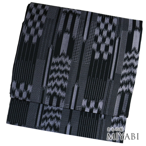 名古屋帯 リサイクル 帯丈359.5cm 六通 幾何学模様 ブラック Sサイズ ポリエステル Sランク お洒落 カジュアル
