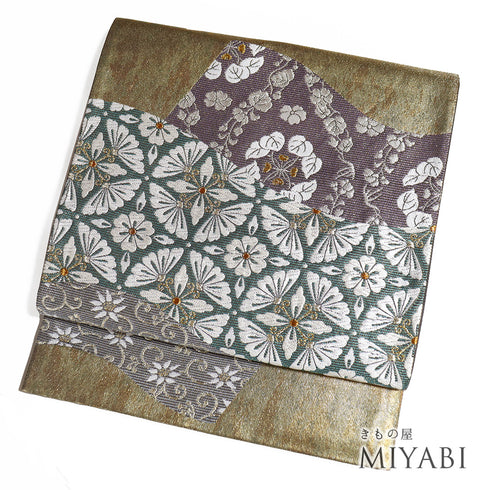 袋帯 リサイクル 帯丈432cm 六通 デザイン花柄 彩麗 ゴールド Sサイズ 正絹 Sランク フォーマル セミフォーマル