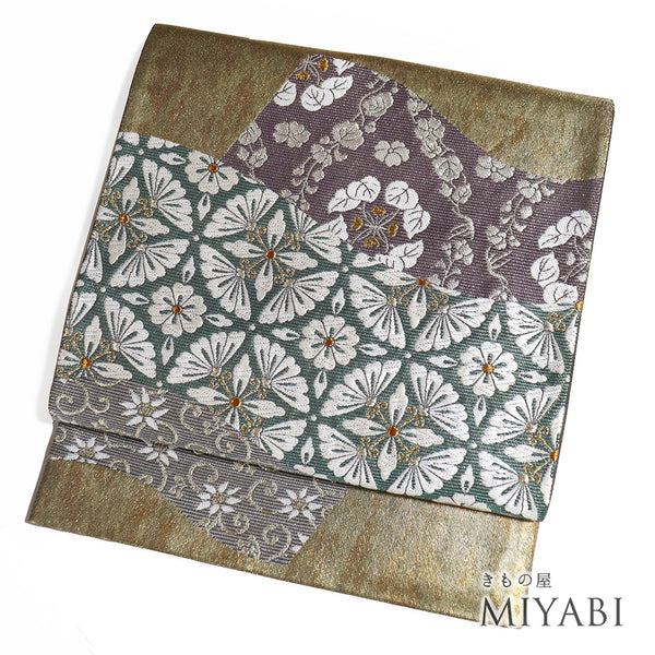 袋帯 リサイクル 帯丈432cm 六通 デザイン花柄 彩麗 ゴールド Sサイズ 正絹 Sランク フォーマル セミフォーマル