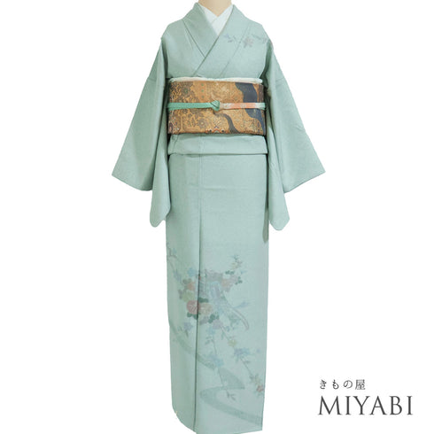 付下げ リサイクル 身丈158.6cm 裄64.4cm 袷 御所車 地紋 汕頭刺繍 グリーン Mサイズ お洒落 セミフォーマル 一つ紋 正絹 広衿 Sランク