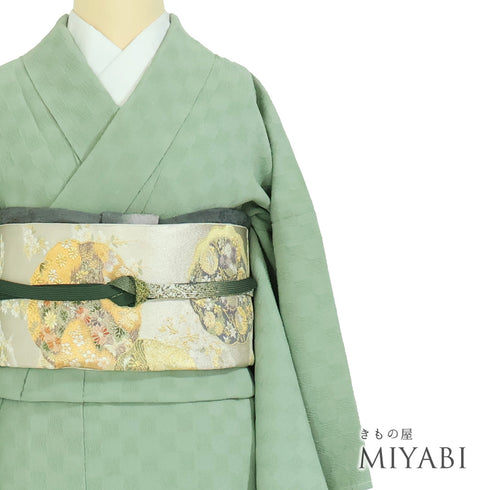 色無地 リサイクル 身丈157.2cm 裄64.4cm 単衣 市松柄 グリーン Mサイズ セミフォーマル お洒落 一つ紋 正絹 広衿 地紋あり Sランク