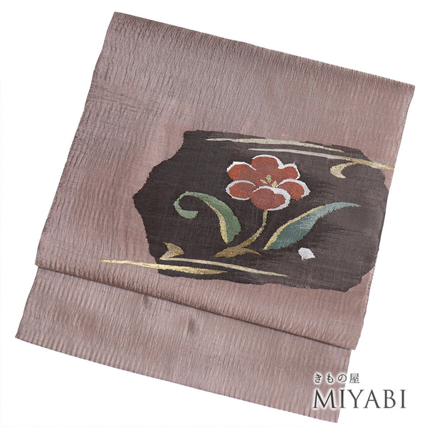 名古屋帯 リサイクル 帯丈361cm ポイント柄 花柄 ブラウン Mサイズ 正絹 Sランク お洒落