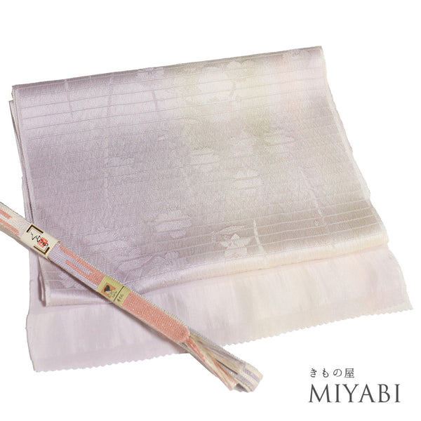帯締め・帯揚げセット リサイクル 手組紐 パープル 正絹 新品・未使用品 縦ぼかし 花柄 地紋 夏物