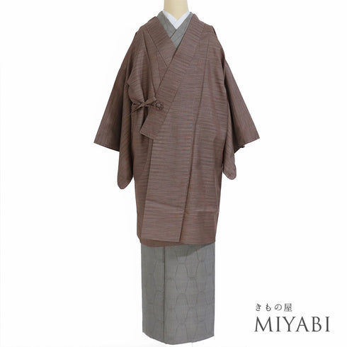 道中着 リサイクル 身丈98.5cm 裄65.2cm 袷 絣 着物衿 ブラウン Mサイズ お洒落 カジュアル しつけ糸 正絹 Bランク