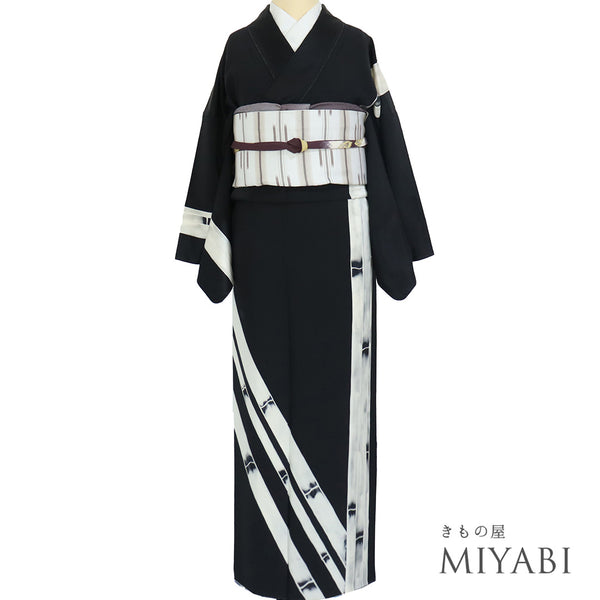 訪問着 リサイクル 身丈154.5cm 裄65.6cm 袷 竹柄 パールトーン加工 ブラック Sサイズ お洒落 正絹 広衿 Aランク