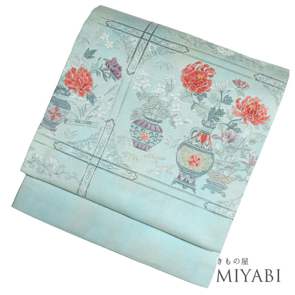 名古屋帯 リサイクル 帯丈366.5cm ポイント柄 花柄 ブルー Mサイズ 正絹 Aランク お洒落