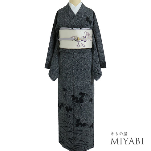 訪問着 リサイクル 身丈163.5cm 裄68.4cm 袷 ひょうたん柄 岸上純平 為書きあり ブラック Lサイズ お洒落 正絹 広衿 Sランク