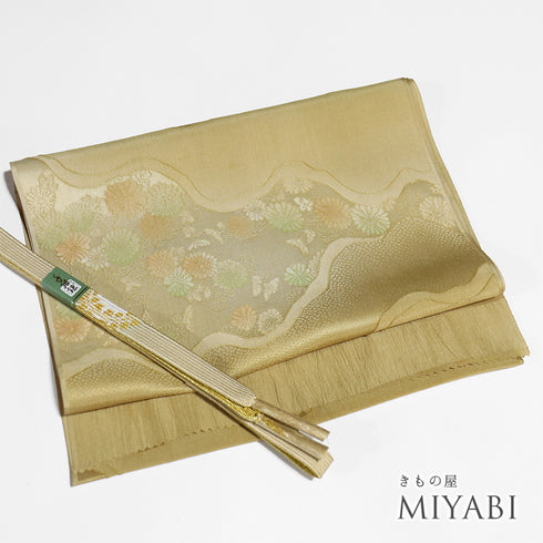 帯締め・帯揚げセット リサイクル お洒落 平組紐 ちりめん ブラウン 正絹 新品・未使用品 ぼかし 花柄