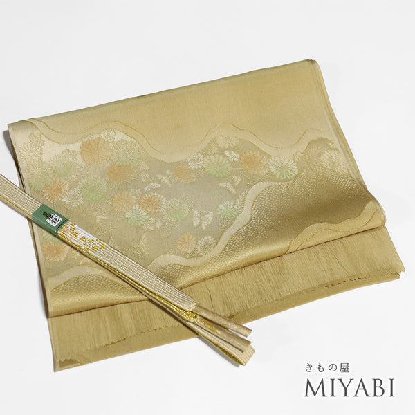 帯締め・帯揚げセット リサイクル お洒落 平組紐 ちりめん ブラウン 正絹 新品・未使用品 ぼかし 花柄