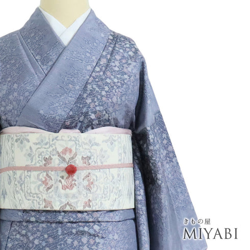 紬 リサイクル 身丈158cm 裄63.2cm 袷 縦ぼかしに草花柄 パープル Mサイズ お洒落 正絹 広衿 Sランク