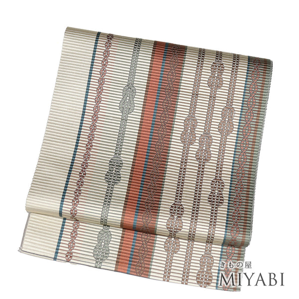 名古屋帯 リサイクル 帯丈353cm 六通 変わりストライプ柄 ベージュ Sサイズ 正絹 新品・未使用品 カジュアル お洒落