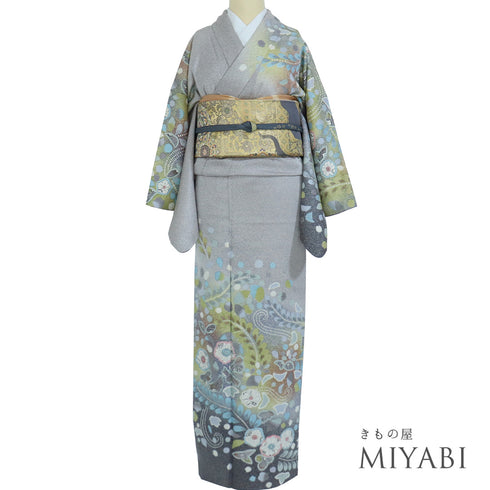 訪問着 身丈158.5cm 裄66.8cm 袷 辻ヶ花模様 グレー Mサイズ フォーマル お洒落 正絹 広衿 Sランク