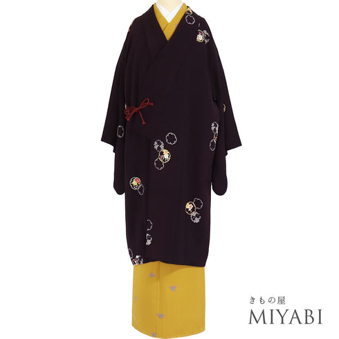 道中着 リサイクル 身丈107.3cm 裄67cm 袷 雪輪に花柄 パールトーン加工 パープル Lサイズ お洒落 カジュアル 正絹 Sランク