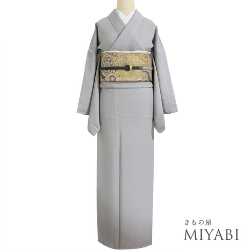 訪問着 リサイクル 身丈161.8cm 裄68.8cm 袷 裾ぼかし柄 地紋 グレー Lサイズ セミフォーマル 三つ紋 しつけ糸 正絹 広衿 Sランク