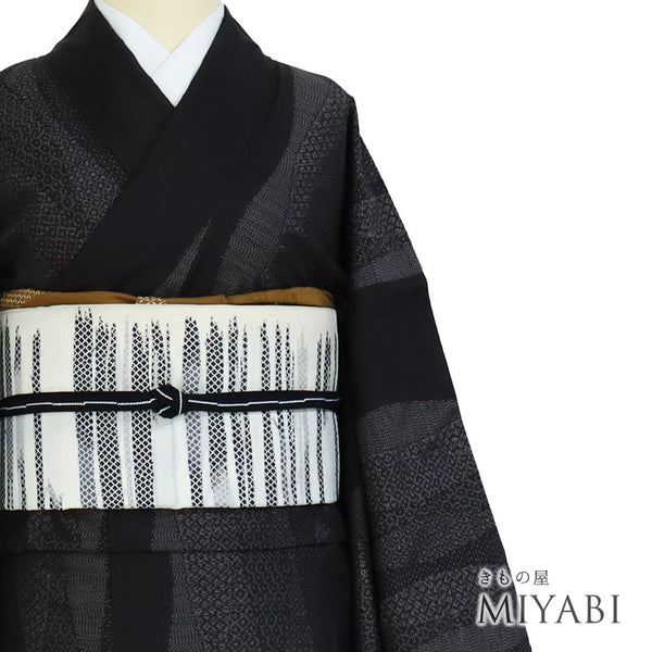 紬 リサイクル 身丈163.8cm 裄68.8cm 袷 デザイン縦枠 ブラック Lサイズ お洒落 カジュアル 正絹 広衿 Sランク