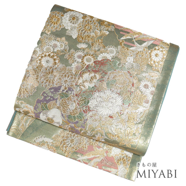 袋帯 リサイクル 帯丈432cm 六通 琳派雪輪菊花文 雪輪に鶴や花模様 ゴールド Sサイズ 正絹 新品・未使用品ランク フォーマル