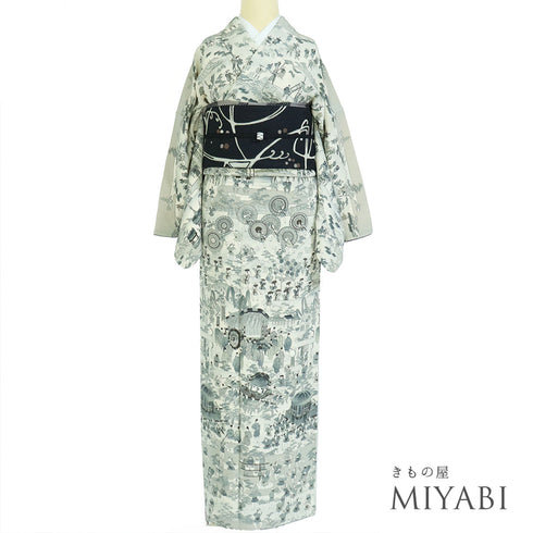 付下げ リサイクル 身丈158.2cm 裄67.6cm 袷 祭礼柄 グレー Mサイズ お洒落 正絹 広衿 Sランク