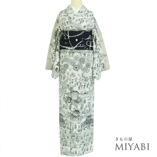 付下げ リサイクル 身丈158.2cm 裄67.6cm 袷 祭礼柄 グレー Mサイズ お洒落 正絹 広衿 Sランク